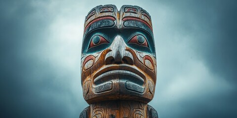 Traditional totem pole standing tall against cloudy sky