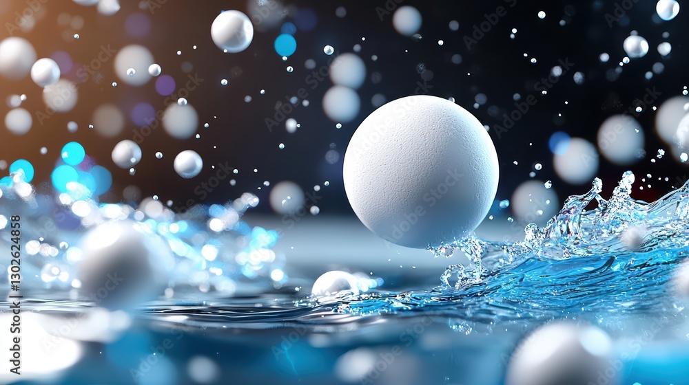 Poster white spheres floating above dynamic water surface with splashes