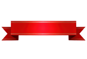 Red ribbon banner with golden trim, transparent background