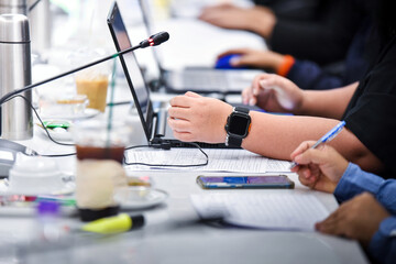 business woman working on computer in meeting room