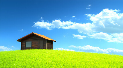 Small Wooden House on a Green Hill Under a Blue Sky