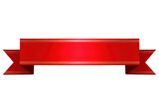 Red ribbon banner with golden trim, transparent background