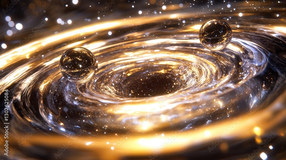 Poster a visually stunning simulation of gravitational waves rippling through space, distorting everything 