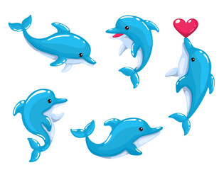 Cartoon dolphin set. Vector illustration. Isolated on white.