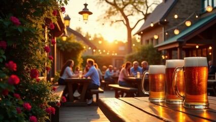 Beer Garden, Golden sunset beer garden rustic ambiance with flowers wooden tables twinkling lights thick steins of amber beer.