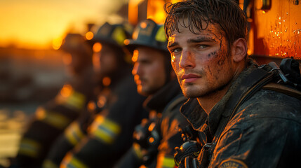 Heroic Firefighter Portrait Brave Fire Crew Rescue Emergency Scene