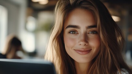 Fototapeta premium Young caucasian female smiling indoors with long brown hair and freckles