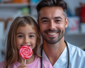 Compassionate Doctor Offering Glowing Lollipop to Young Patient After Check up Putting Them at Ease with Playful Smile