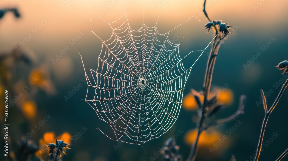 Wall mural beautiful spider web with dew drops on it, macro object. blurred background and sunlight filtering t