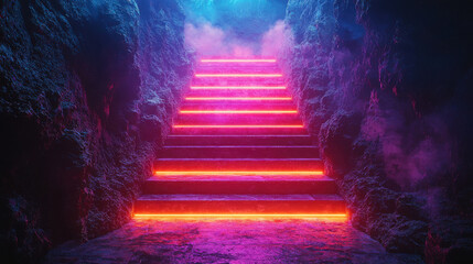 Neon lit stairs leading upward through misty cave, creating surreal atmosphere