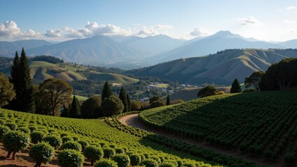 Chilean Vineyard Hills showcase lush green vineyards nestled among rolling hills, creating picturesque landscape. Concept focuses on Chilean Vineyard Hills and beauty of natural scenery