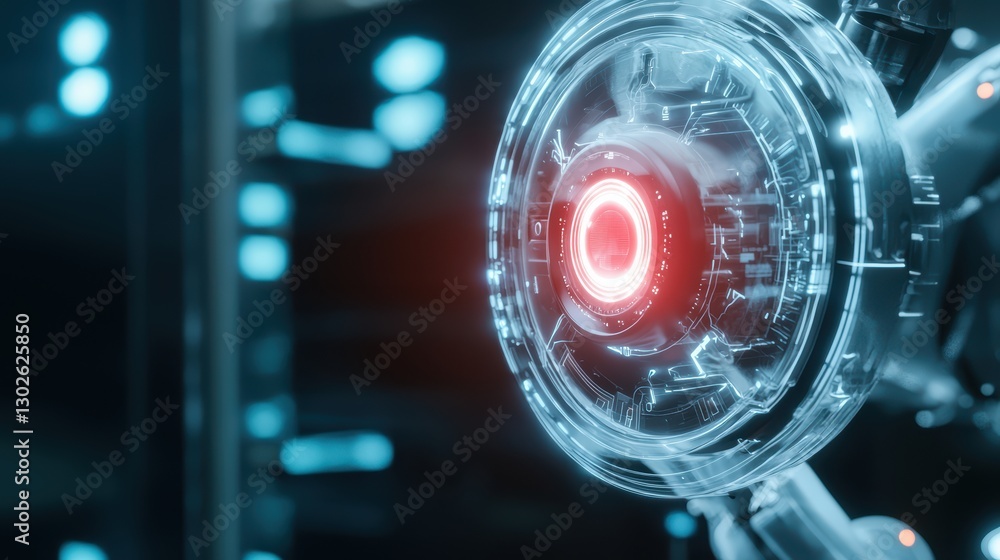 Poster futuristic robotic machinery with glowing red core in high-tech environment
