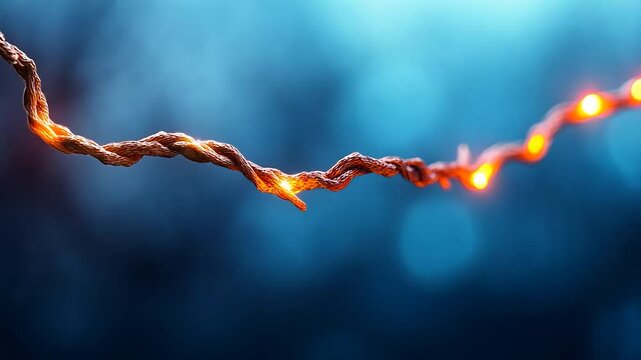 Twinkling lights on a twisted wire against a blurred blue background creating a festive atmosphere