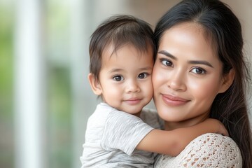 Asian young adult female with child embracing indoors.