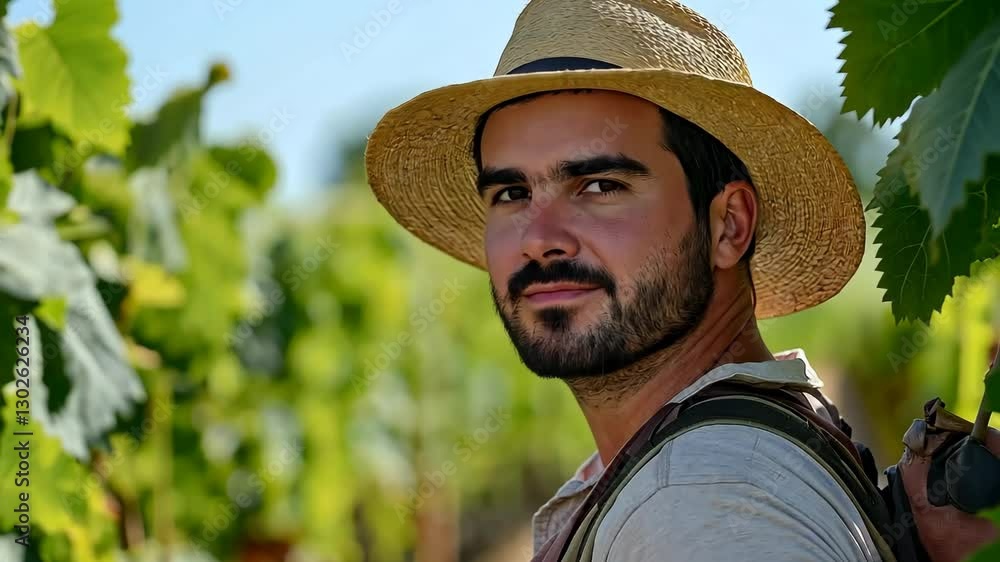Poster man wearing a straw hat is standing in a vineyard. he is smiling and looking at the camera