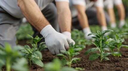 Fototapeta premium Farmers caring for young plants in garden with gloves