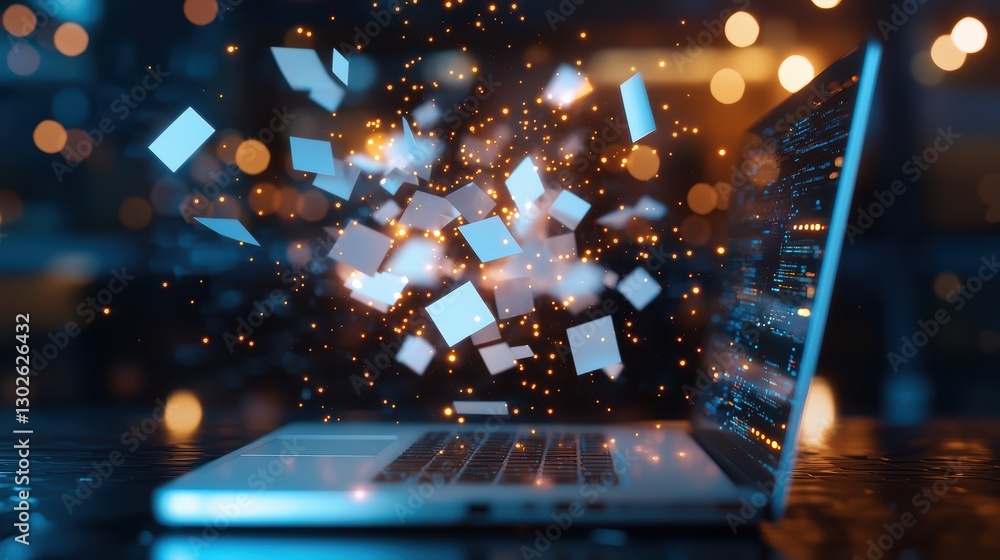 Poster digital transformation concept with floating cubes emerging from laptop screen