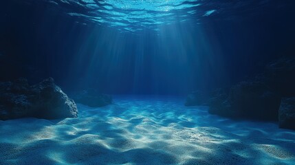Obraz premium Sunbeams dance on the deep blue ocean, illuminating rippling waves in shades from pale to dark azure under the radiant sky