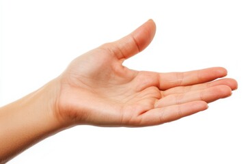 Outstretched female hand on white background.