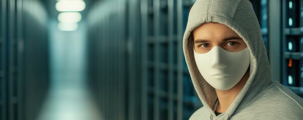 Masked male in hoodie standing in technology server room with mysterious atmosphere