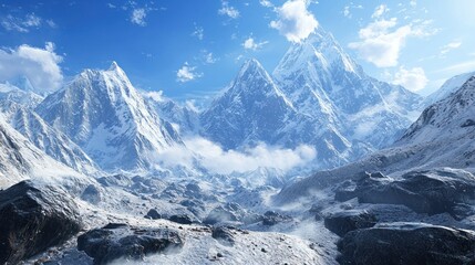 Obraz premium An icy mountain landscape with towering glaciers and crisp blue skies, offering a cool retreat.