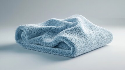 Soft blue fluffy towel rolled up ready for use.