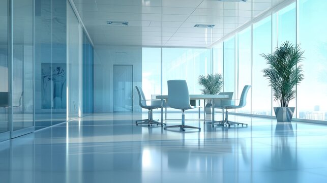 A modern office setting with a cool, minimalistic background that conveys professionalism and calm.