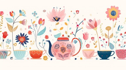A whimsical illustration with a teapot and teacups surrounded by colorful flowers.