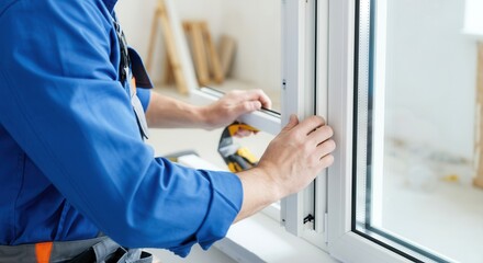Male technician installing white vinyl window frame indoors.