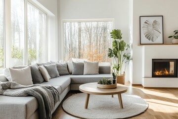 Modern living room with L-shaped sofa, fireplace, and large windows.