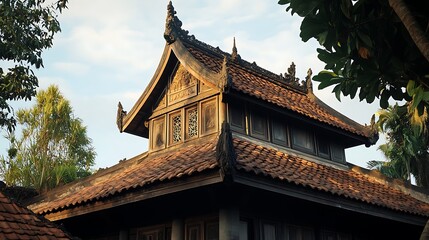 Obraz premium Intricate Wooden Roofline Of An Ancient Asian Temple
