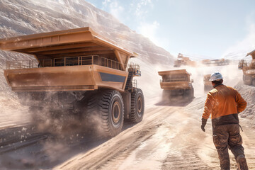 Worker in safety gear walking toward large mining trucks in a dusty open-pit mine under bright sunlight, showcasing heavy industry and mineral extraction