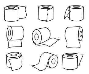 Toilet paper roll set. Vector linear illustration. Isolated on white.