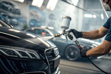 Professional car painting process in modern workshop with focus on precision and quality.