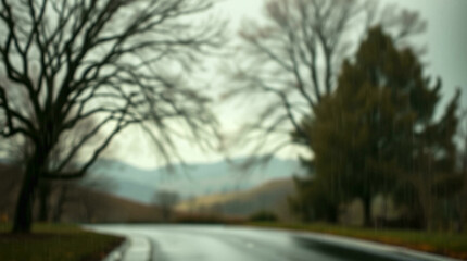 Abstract blur of a wet road surrounded by trees with a gloomy atmosphere, perfect for moody or introspective themes.
