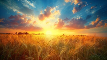 Fototapeta premium Breathtaking panoramic view of a beautiful crop field during a vibrant summer sunset landscape