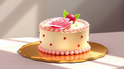 Elegant pastel cake with pink rose decoration on a golden cake stand