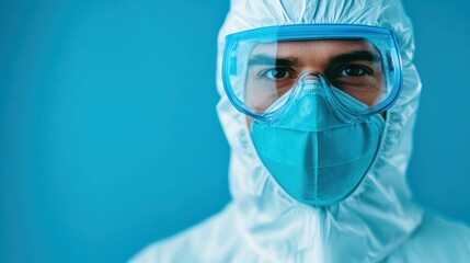 Caucasian male in protective suit and mask demonstrating safety measures against contamination