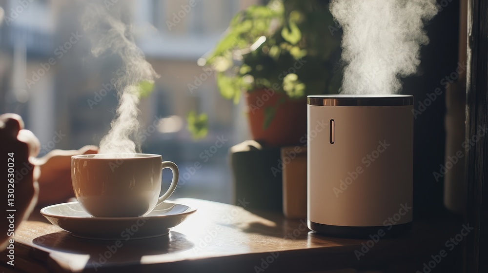 Poster an air purifier running quietly in the background while a person enjoys a cup of coffee, emphasizing