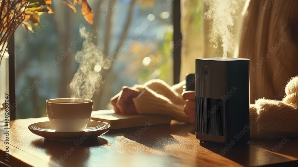 Poster an air purifier running quietly in the background while a person enjoys a cup of coffee, emphasizing