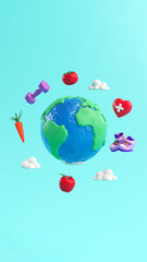 World Health Day flyer design with planet Earth surrounded by healthy lifestyle elements in 3D cartoon illustration. Global health awareness day celebrated every year on 7th April
