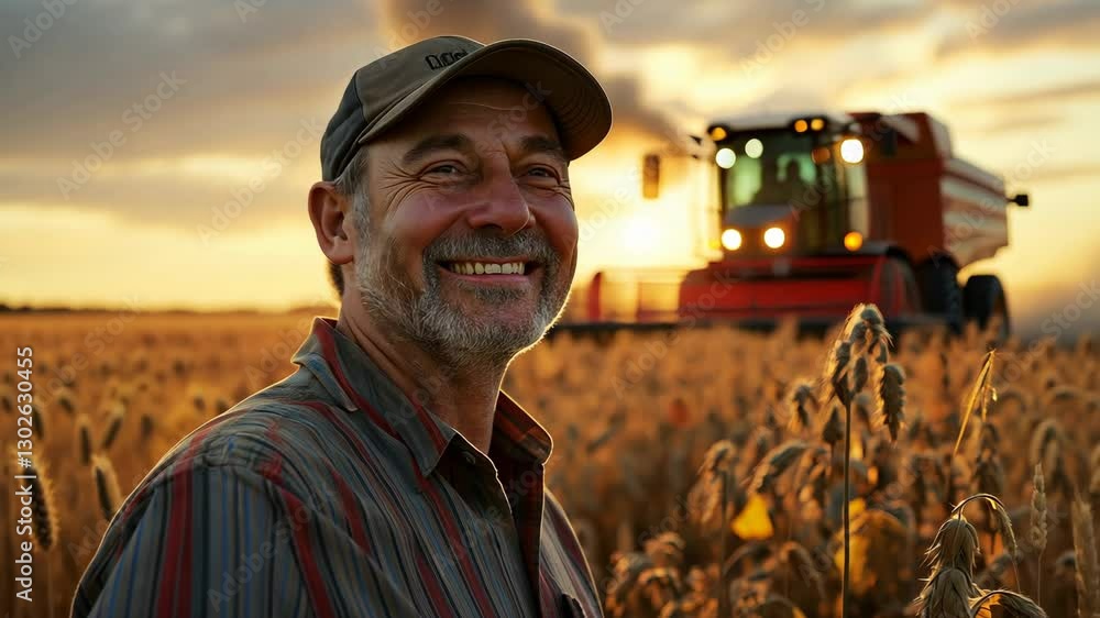 Poster man is smiling in a field of grain. the sun is setting in the background. the man is wearing a hat a