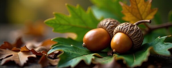 Close-up of acorns nestled amongst oak leaves, woodland, harvest, image