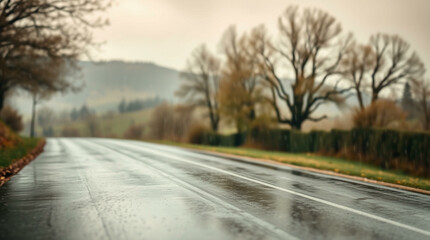 Fototapeta premium Abstract blur of a wet road surrounded by trees with a gloomy atmosphere, perfect for moody or introspective themes.