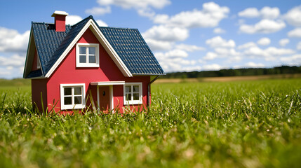 Red Model House in Green Field Under Sunny Sky