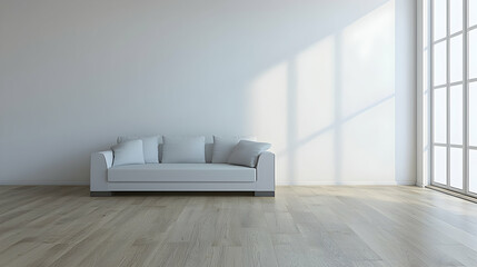 Modern Minimalist Living Room Interior with White Sofa and Sunlight