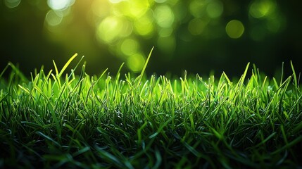 Naklejka premium Lush green grass glistening in sunlight at a serene outdoor location during early evening hours