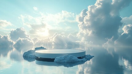 Empty podium on a floating island, with a sky full of soft clouds and sunlight breaking through the gaps