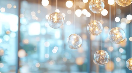 Glowing glass spheres hanging in modern interior setting with soft bokeh effect