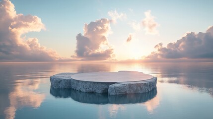 Empty podium on a floating island, with a sky full of soft clouds and sunlight breaking through the gaps